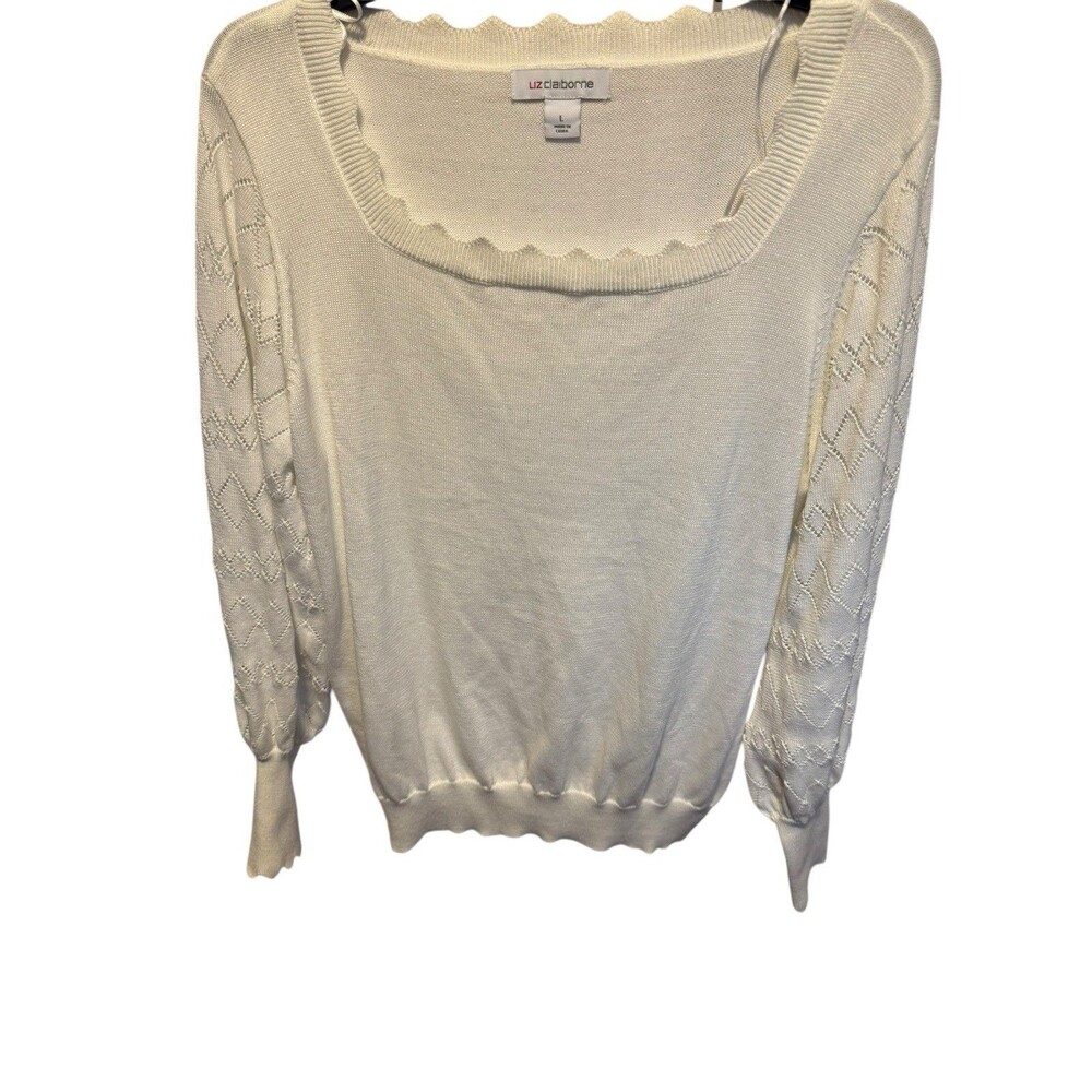 Liz Claiborne Womens Cream Scallop Neck Pullover Sweater Holiday Work Size Large
